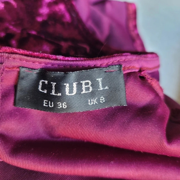 ASOS Club L London Crushed Berry Red Velvet Peplum MIDI Dress UK8 Stretch Small - Picture 10 of 11